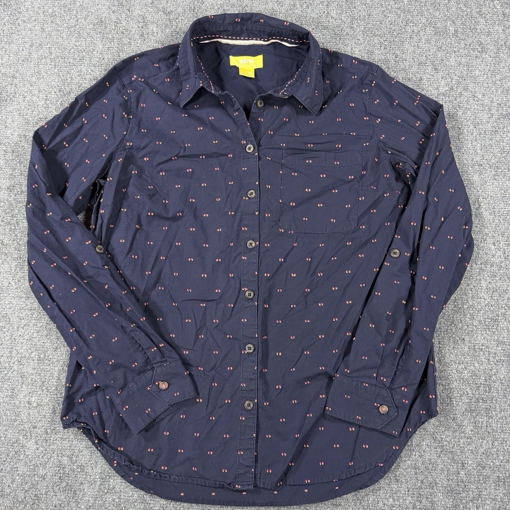 Maeve Anthropologie Top Size 6 Navy Textured Geometric Button Up Casual Roll Tab - Picture 1 of 8